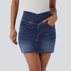 Halara Flex Crossover High Waisted Pockets Mini Washed Denim Skirt Size XL NWT